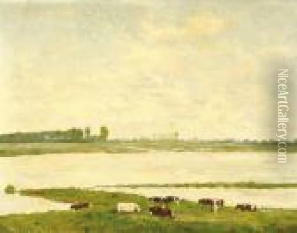 Landscape With Cows On The Ijssel River Oil Painting - Floris Verster