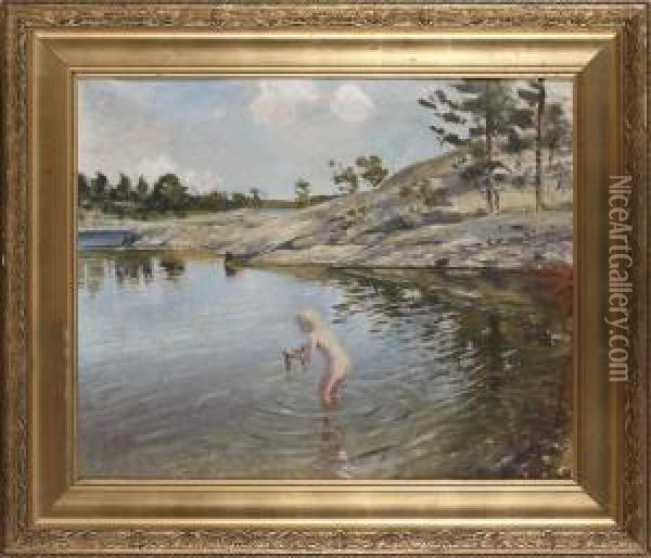 Badande Pojke Oil Painting - August Wilhelm Nikolaus Hagborg