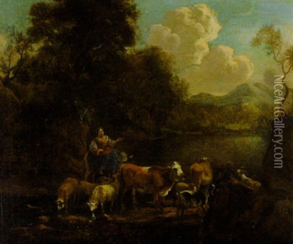 Hirtin Auf Einem Maultier Mit Einer Viehherde Am Flussufer Oil Painting - Michiel Carree