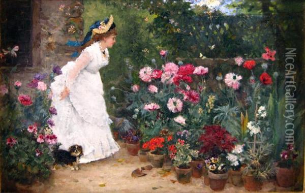 Lady With Crysthanemums Oil Painting - Armand Charnay