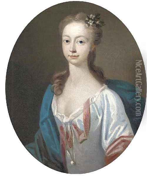 Portrait of a lady in a white dress and blue cape, feigned oval Oil Painting - Bartholomew Dandridge
