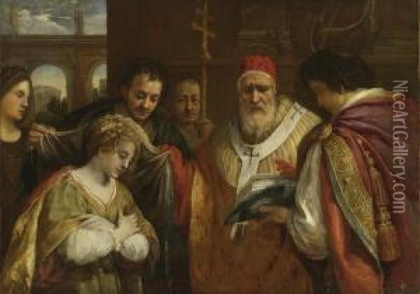 Saint Domitilla Receiving The Veil From Pope Clement I Oil Painting - Pietro Da Cortona (Barrettini)