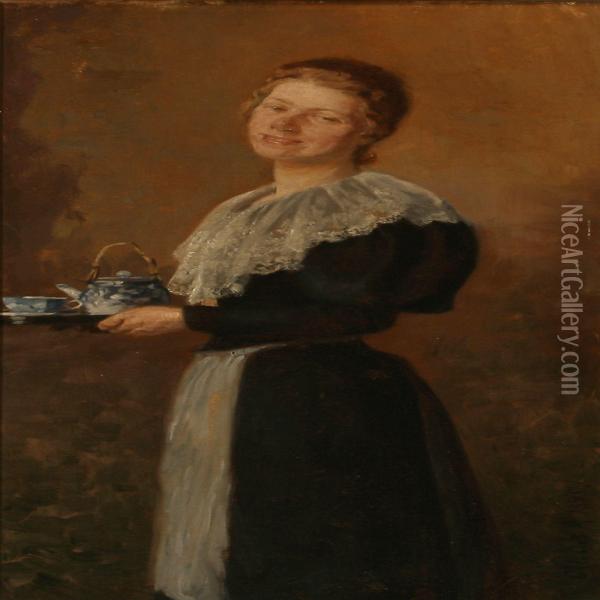 A Lady With A Tea Tray Oil Painting - Cilius Andersen