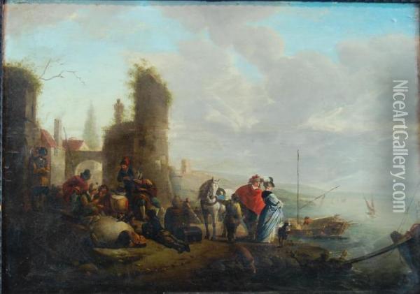 Vignette Of A Port Scene With Figures Oil Painting - Pieter Wouwermans or Wouwerman