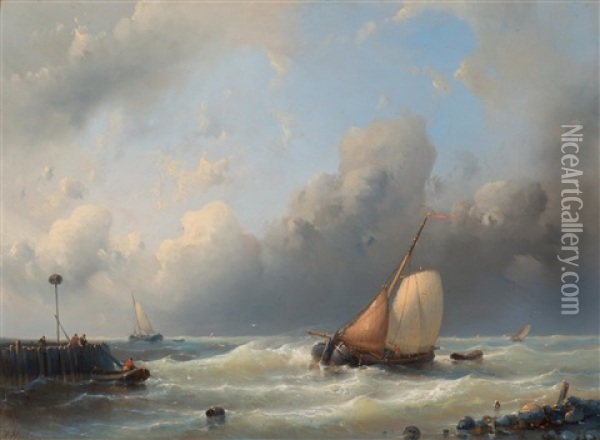 Entering Beurtvaart Ships Near A Pier Oil Painting - Abraham Hulk the Elder