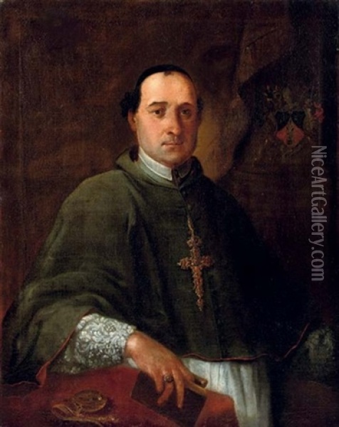Portrait Of A Clergyman Holding A Book In His Right Hand, Leaning On A Draped Table With A Pocket Watch, Standing Before A Curtain Embroidered With A Coat-of-arms Oil Painting - Carlo Maratta