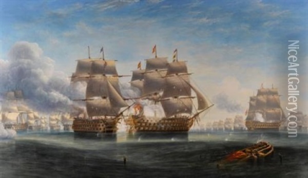The Opening Engagement At Trafalgar; H.m.s. 'royal Sovereign' Raking The Stern Of The Spanish Flagship 'santa Ana Oil Painting - John Wilson Carmichael