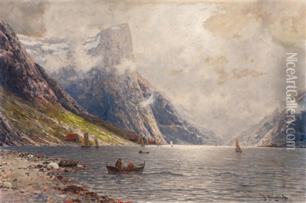 Norwegian Fjord Landscape With A Fishing Boat In The Foreground Oil Painting - Johann Jungblut