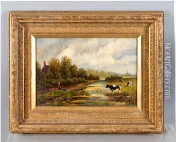 Hollandische Sommerlandschaft Mit Bauernpaar Und Kuhen Oil Painting - Albert Jurardus van Prooijen