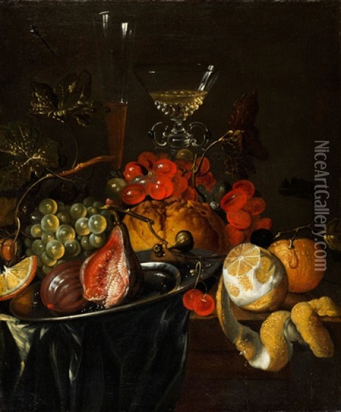 Fruchtstillleben Mit Zinnschale Und Glaspokal Oil Painting - Jan Davidsz De Heem