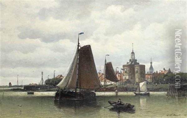 A View Of The Harbour Of Enkhuizen With The Dromedaris Oil Painting - Johan Adolph Rust