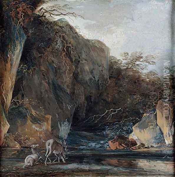 A stag and a hind at a stream below cliffs Oil Painting - Louis-Gabriel Moreau the Elder
