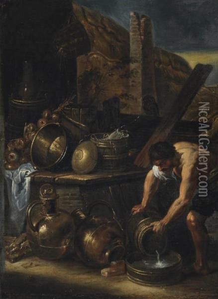 A Kitchen Interior With A Man Collecting Water Oil Painting - Domenico Fetti