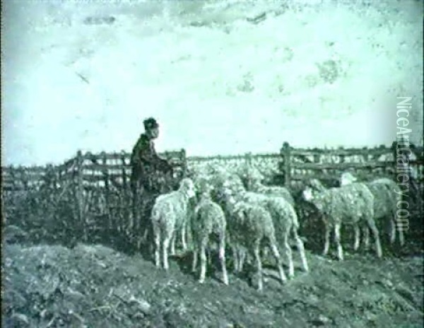 Schafer Mit Seiner Herde Im Pferch Oil Painting - Franck Brissot