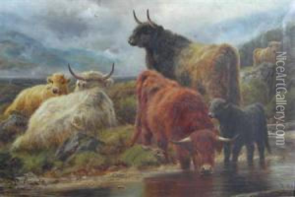 Highland Cattle At The Watering Place Oil Painting - Charles A. Watson