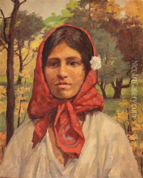 Peasent With Red Kerchief Oil Painting - Ludovic Bassarab