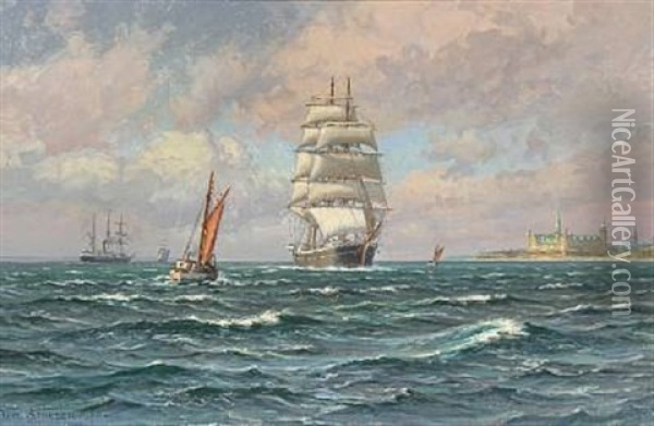 Seascape With Kronborg Castle In The Background Oil Painting - Vilhelm Karl Ferdinand Arnesen