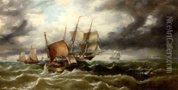 Warships Running Through The Fishing Fleet Offshore Oil Painting - Sir George Chambers