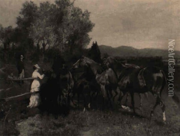 Besuch Auf Der Pferdekoppel Oil Painting - Georg Karl Koch