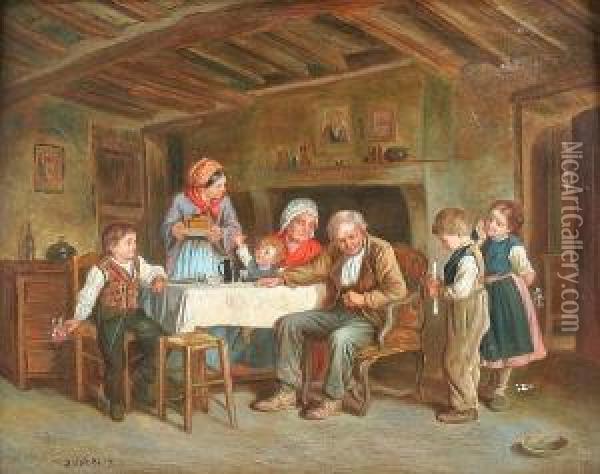 Interior With Family Gathered Around The Table Oil Painting - Theophile-Emmanuel Duverger