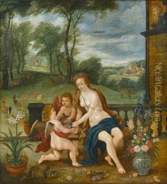Flora Attended By Putti, A View To A Landscape Beyond Oil Painting - Pieter Van Avont