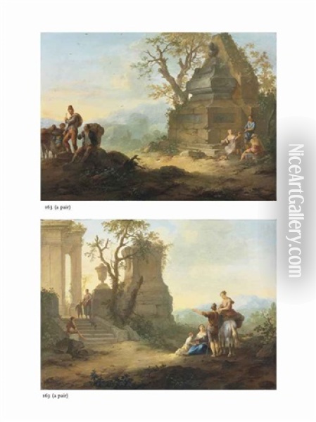 A Mountainous Landscape With Travellers Resting By An Edifice (+ A Mountainous Landscape With Travellers And A Horse Resting By A Classical Ruin; Pair) Oil Painting - Franz de Paula Ferg
