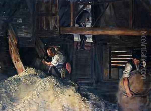 Workers Workmen Bagging Hops 1904 Oil Painting - Harold Oakley