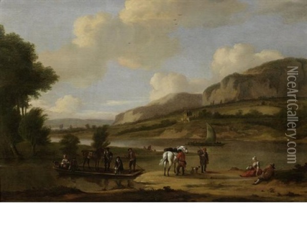An Extensive River Landscape With Figures Waiting For A Ferry Oil Painting - Jan Wyck