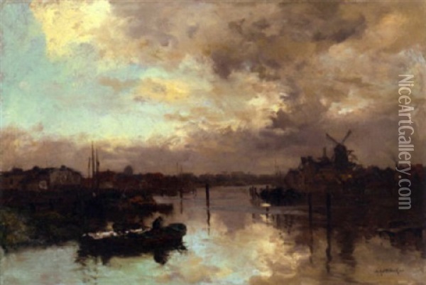 A Rotterdam Sunset Oil Painting - Johan Hendrik van Mastenbroek