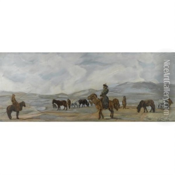 Mongolian Horsemen Oil Painting - Alexander Evgenievich Iacovleff