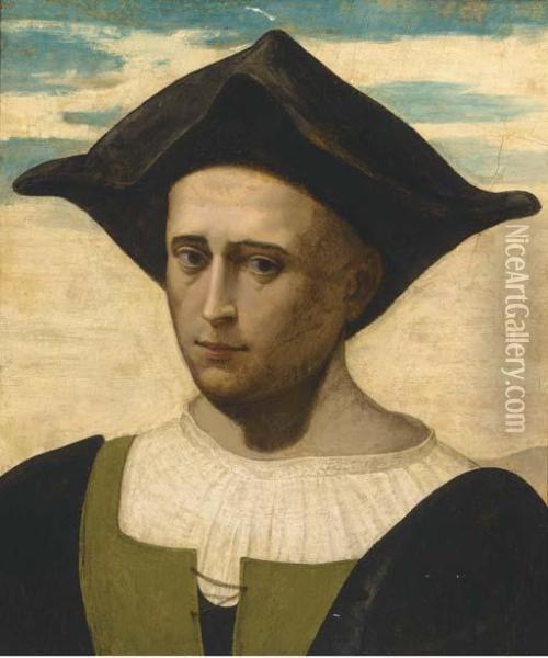 Portrait Of A Man, Bust-length, In A Green And Black Jacket Withwhite Shirt And Black Hat Oil Painting - Francesco Franciabigio