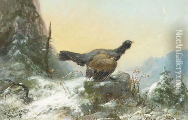 Black Grouse In Winter Landscape Oil Painting - Julius Scheurer