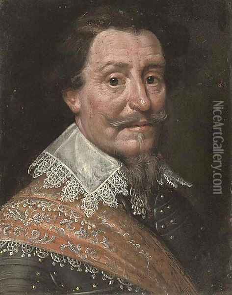 Portrait of a gentleman, bust-length, in armour, with a lace collar and red sash Oil Painting - Michiel Jansz. van Mierevelt