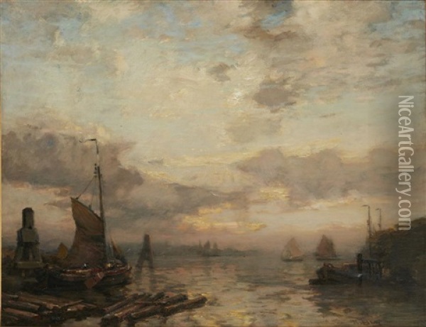 A Busy Dutch Estuary With Barges Oil Painting - James Campbell Noble