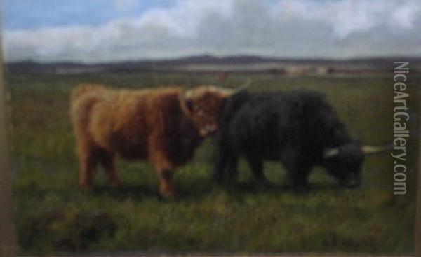 Highland Cattle In A Moorland Landscape Oil Painting - Stephen E. Hogley