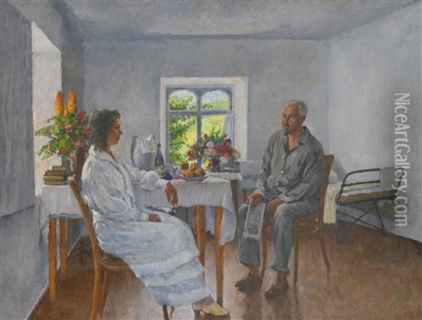 Margarita Ivanovna And Zinovy Petrovich Soloviev On Holiday At Artek Oil Painting - Ilya Ivanovich Mashkov