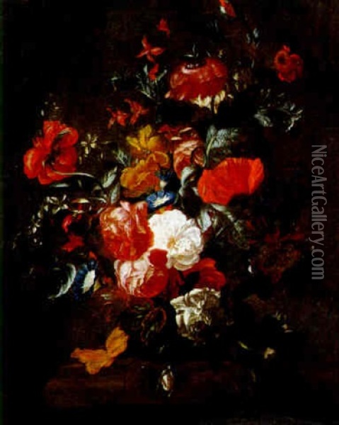 Nature Morte Aux Fleurs Dans Un Vase Sur Une Balustrade Oil Painting - Philips van Kouwenberg