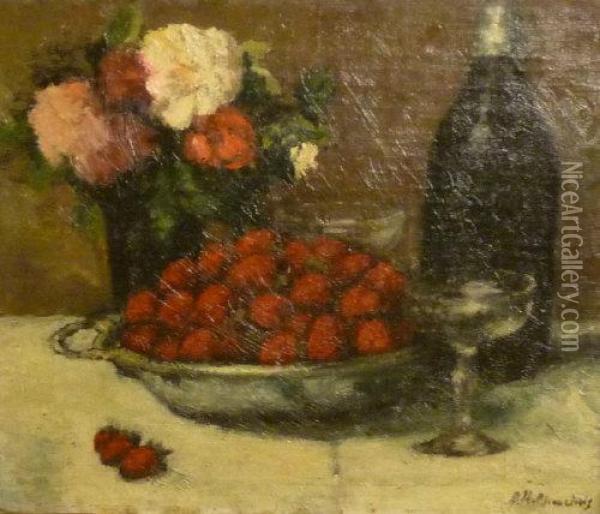 Still Life Of A Bowl Of Strawberries And Flowers Oil Painting - Eugene Henri Cauchois