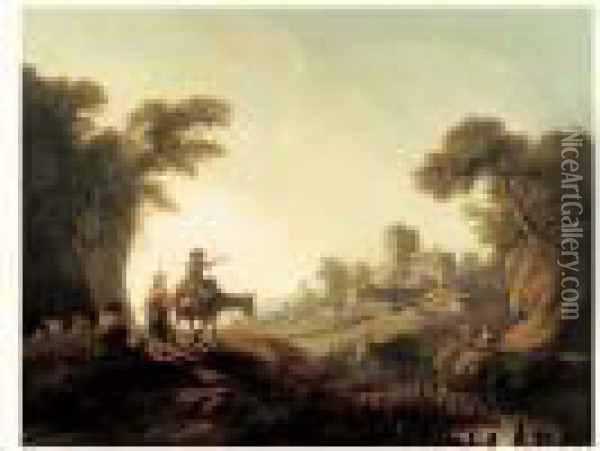 Deux Voyageurs Dans Un Paysage De Riviere Au Portugal Oil Painting - Jean-Baptiste Pillement