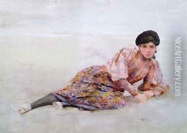 Girl on the Beach Oil Painting - Henry Scott Tuke