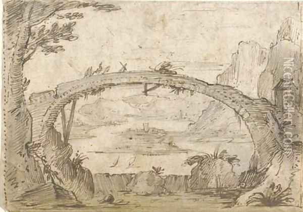 Travellers on a narrow bridge, a river landscape seen beyond Oil Painting - Joos De Momper