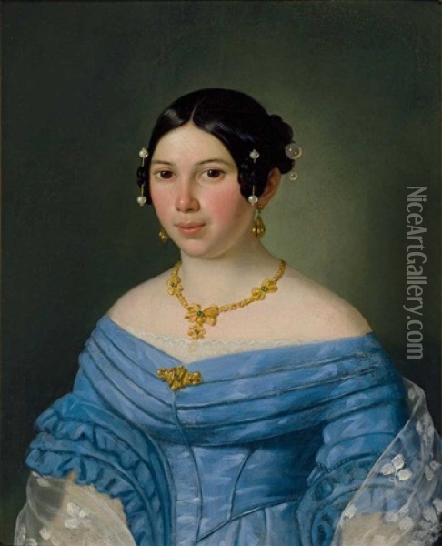 Portrait Einer Jungen Frau Im Blauen Kleid, Mit Perlschmuck Im Haar; Pendeloques, Collier Und Brosche Oil Painting - Joseph Weidner