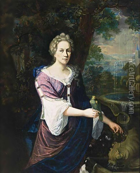 A Portrait Of A Lady, Standing Three-Quarter Lenght Near A Fountain, Wearing A Purple Dress With White Undergarment And A Blue Shawl, Holding A Parrot On Her Right Hand, A Dog In The Foreground Oil Painting - Barend Van Kalraet