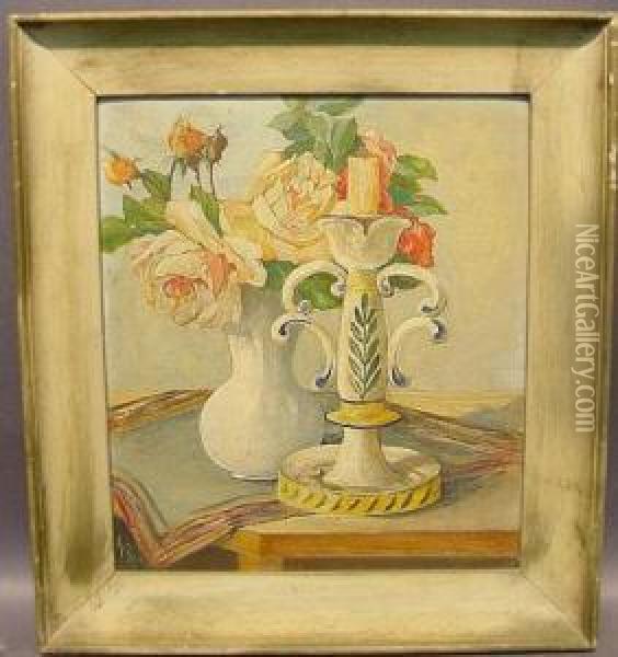 Roses And Candlestick Oil Painting - Henri Rovel