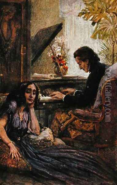 Postcard depicting George Sand 1804-76 listening to Frederic Chopin 1810-1849 play the piano Oil Painting - Adolf Karpellus