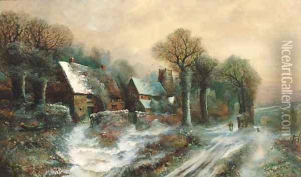 Figures in a winter village landscape Oil Painting - Harry Foster Newey