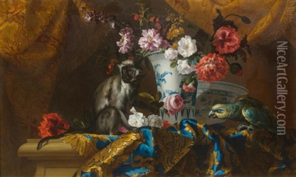 Still Life Of Flowers With A Monkey And A Parrot Oil Painting - Jean-Baptiste Monnoyer