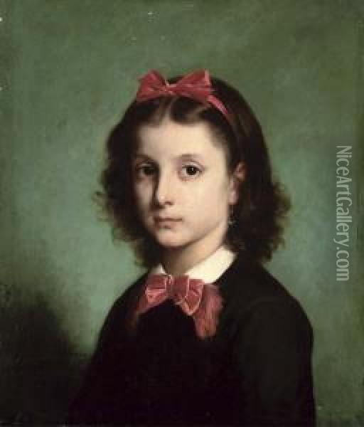 Portrait Of A Girl, Bust-length, With A Bow In Her Hair Oil Painting - Gaston Casimir Saint-Pierre