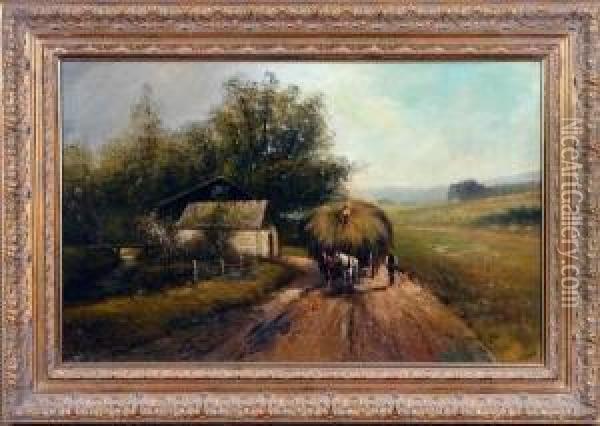 Country Road Landscape With Horsedrawn Wagon Oil Painting - G. Willson