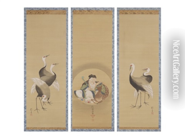 Jyuro With Circular Window/cranes (a Set Of Three Scrolls) Oil Painting - Sakai Hoitsu